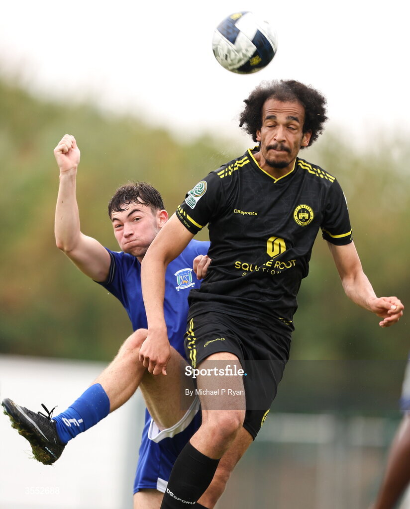 29 August 2026; Mamadou Simon Doumia of CK United in action against Darragh Bolton of Newbridge Town during the FAI National League Group 3 match between CK United and Newbridge Town at SETU Sports Complex in Carlow. Photo by Michael P Ryan/Sportsfile