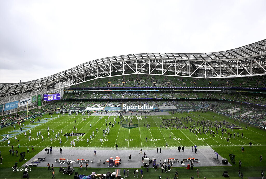 29 August 2026; General view of the warmups before the 2026 Aer Lingus College Football Classic match between TCU and North Carolina at the Aviva Stadium in Dublin. Photo by Seb Daly/Sportsfile