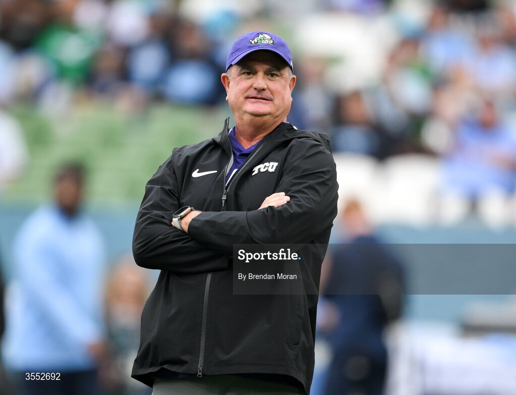 29 August 2026; TCU head coach Sonny Dykes looks on before the 2026 Aer Lingus College Football Classic match between TCU and North Carolina at the Aviva Stadium in Dublin. Photo by Brendan Moran/Sportsfile