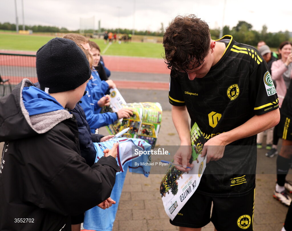 29 August 2026; Liam McDonnell of CK United signs autographs after the FAI National League Group 3 match between CK United and Newbridge Town at SETU Sports Complex in Carlow. Photo by Michael P Ryan/Sportsfile