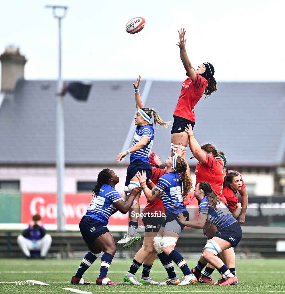 29 August 2026; Aoibhe O’Flynn of Munster and Ruth Campbell of Leinster contest a line-out during the Vodafone Womens Interprovincial Championship final match between Munster and Leinster at Dexcom Stadium in Galway. Photo by Tyler Miller/Sportsfile