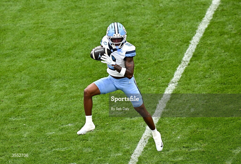29 August 2026; North Carolina defensive back Tre Miller #6 warms up before the 2026 Aer Lingus College Football Classic match between TCU and North Carolina at the Aviva Stadium in Dublin. Photo by Seb Daly/Sportsfile