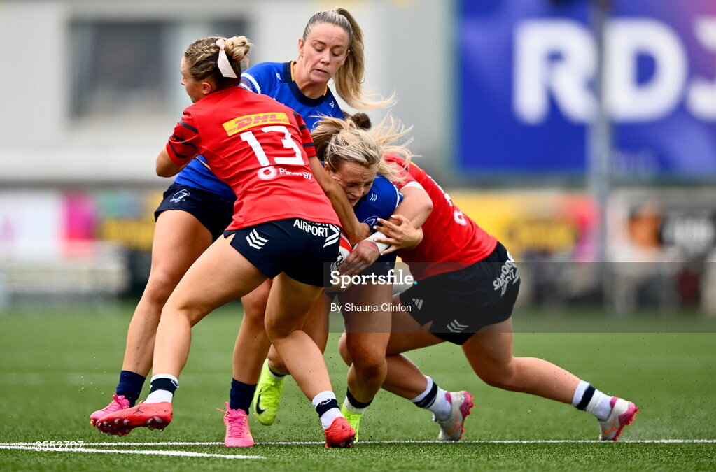 29 August 2026; Aoife Dalton of Leinster in action against Lucia Linn of Munster during the Vodafone Womens Interprovincial Championship final match between Munster and Leinster at Dexcom Stadium in Galway. Photo by Shauna Clinton/Sportsfile