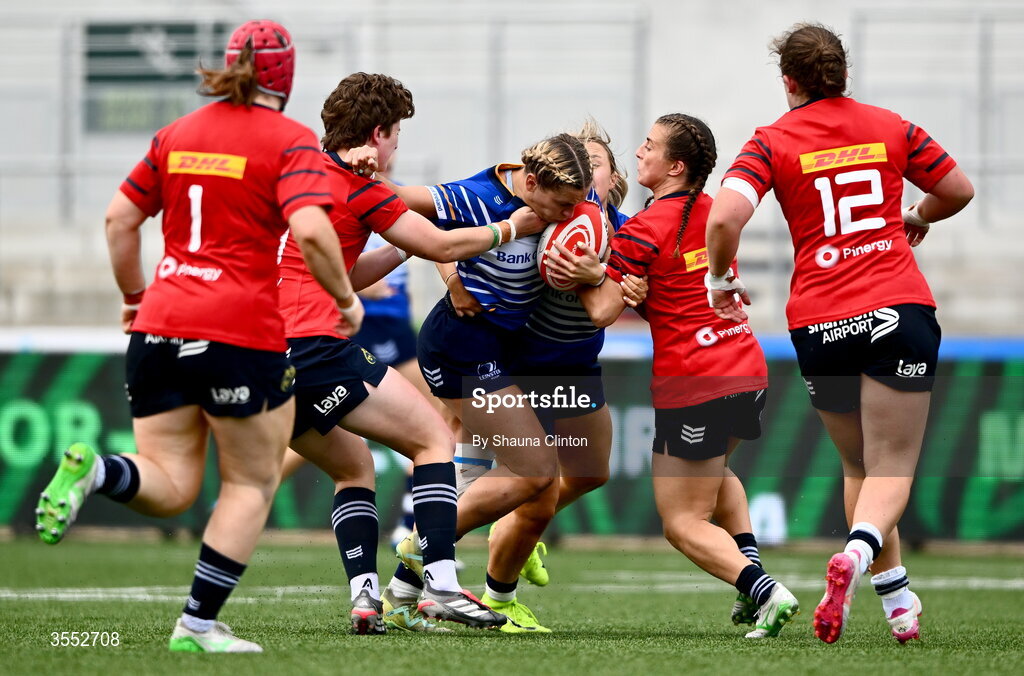 29 August 2026; Kathy Baker of Leinster in action against Caitríona Finn of Munster during the Vodafone Womens Interprovincial Championship final match between Munster and Leinster at Dexcom Stadium in Galway. Photo by Shauna Clinton/Sportsfile