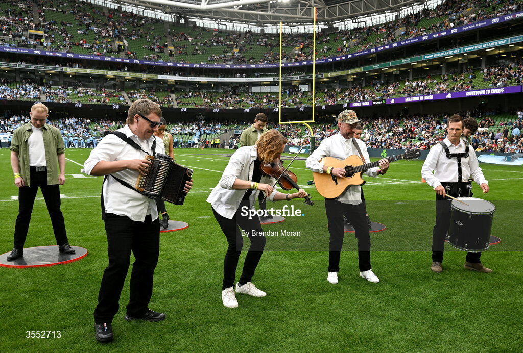 29 August 2026; The Celtic Rhythm Dancers and the Hit Machine perform before the 2026 Aer Lingus College Football Classic match between TCU and North Carolina at the Aviva Stadium in Dublin. Photo by Brendan Moran/Sportsfile