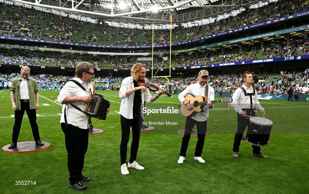 29 August 2026; The Celtic Rhythm Dancers and the Hit Machine perform before the 2026 Aer Lingus College Football Classic match between TCU and North Carolina at the Aviva Stadium in Dublin. Photo by Brendan Moran/Sportsfile
