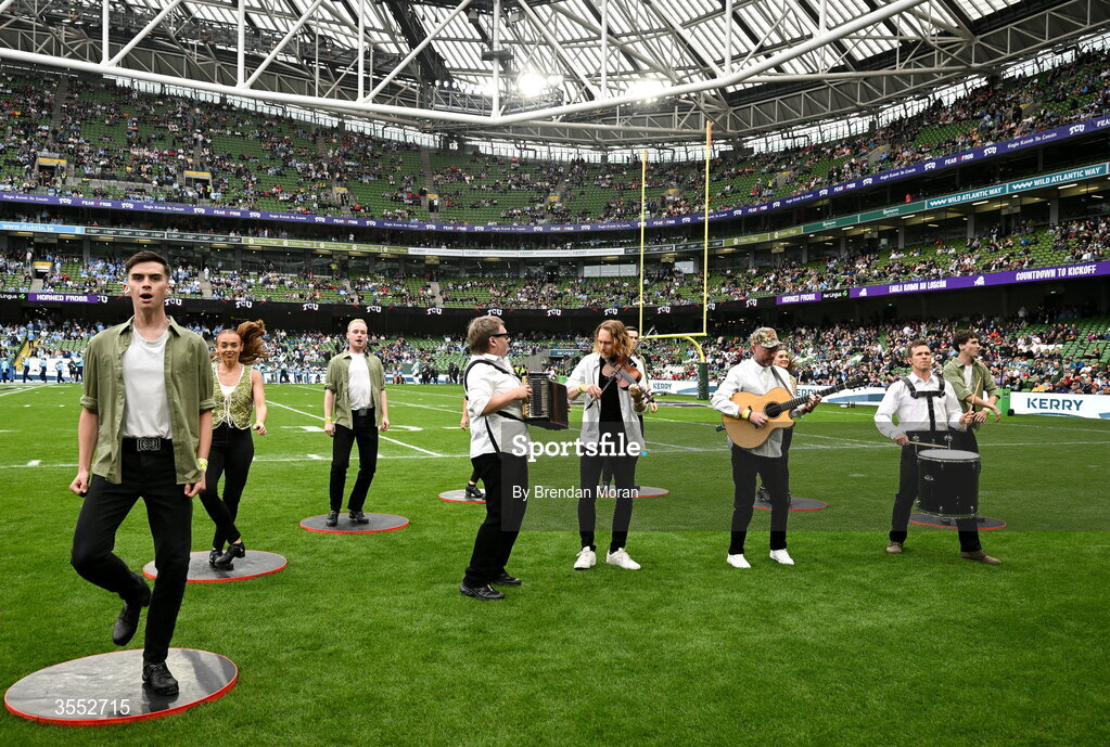 29 August 2026; The Celtic Rhythm Dancers and the Hit Machine perform before the 2026 Aer Lingus College Football Classic match between TCU and North Carolina at the Aviva Stadium in Dublin. Photo by Brendan Moran/Sportsfile