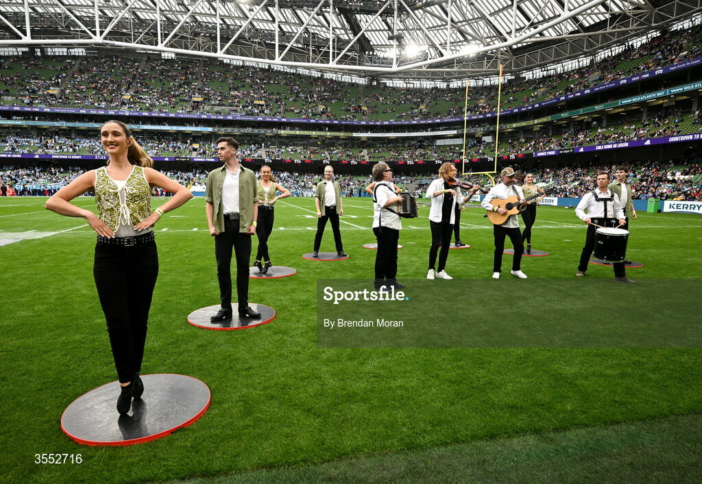 29 August 2026; The Celtic Rhythm Dancers and the Hit Machine perform before the 2026 Aer Lingus College Football Classic match between TCU and North Carolina at the Aviva Stadium in Dublin. Photo by Brendan Moran/Sportsfile
