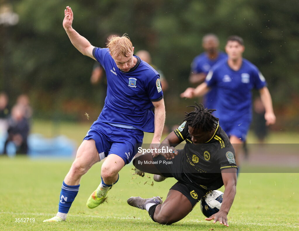 29 August 2026; Oluwafayosayemi Adeogun of CK United in action against Finn Cowper Gray of Newbridge Town during the FAI National League Group 3 match between CK United and Newbridge Town at SETU Sports Complex in Carlow. Photo by Michael P Ryan/Sportsfile