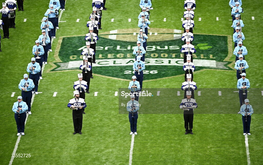 29 August 2026; The bands perform before the 2026 Aer Lingus College Football Classic match between TCU and North Carolina at the Aviva Stadium in Dublin. Photo by Seb Daly/Sportsfile