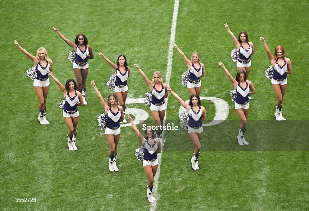 29 August 2026; Cheerleaders perform before the 2026 Aer Lingus College Football Classic match between TCU and North Carolina at the Aviva Stadium in Dublin. Photo by Seb Daly/Sportsfile