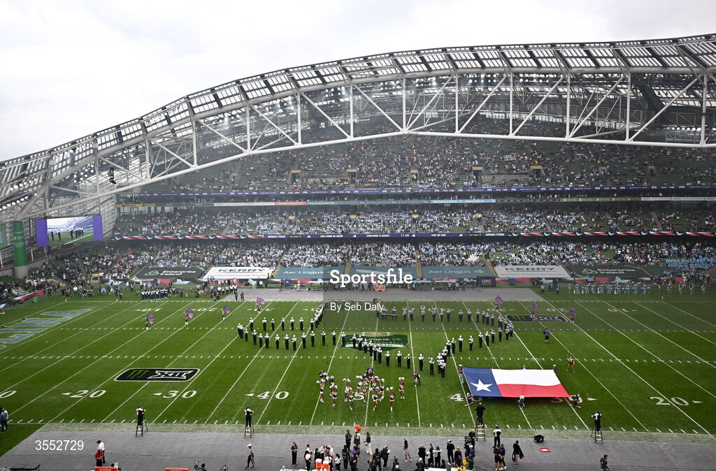 29 August 2026; A general view of the pre-game show before the 2026 Aer Lingus College Football Classic match between TCU and North Carolina at the Aviva Stadium in Dublin. Photo by Seb Daly/Sportsfile
