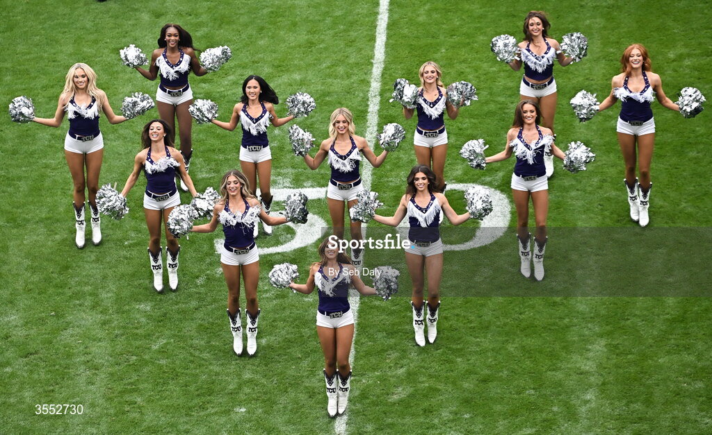 29 August 2026; Cheerleaders perform before the 2026 Aer Lingus College Football Classic match between TCU and North Carolina at the Aviva Stadium in Dublin. Photo by Seb Daly/Sportsfile