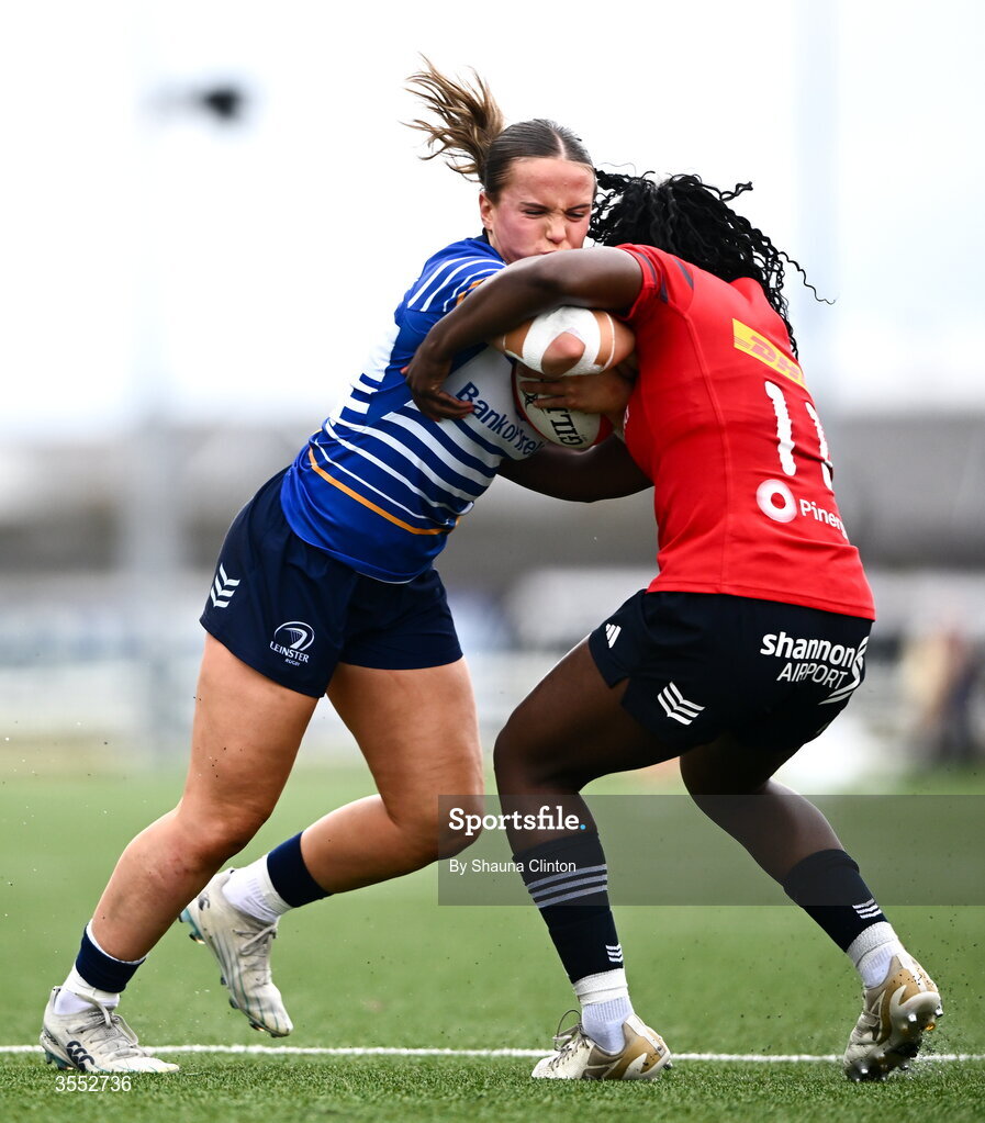 29 August 2026; Robyn O'Connor of Leinster in action against Chisom Ugwueru of Munster during the Vodafone Womens Interprovincial Championship final match between Munster and Leinster at Dexcom Stadium in Galway. Photo by Shauna Clinton/Sportsfile