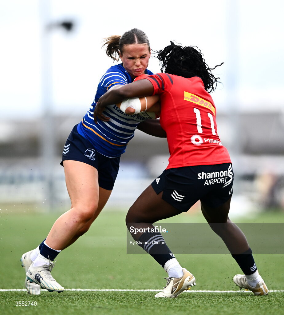 29 August 2026; Robyn O'Connor of Leinster in action against Chisom Ugwueru of Munster during the Vodafone Womens Interprovincial Championship final match between Munster and Leinster at Dexcom Stadium in Galway. Photo by Shauna Clinton/Sportsfile