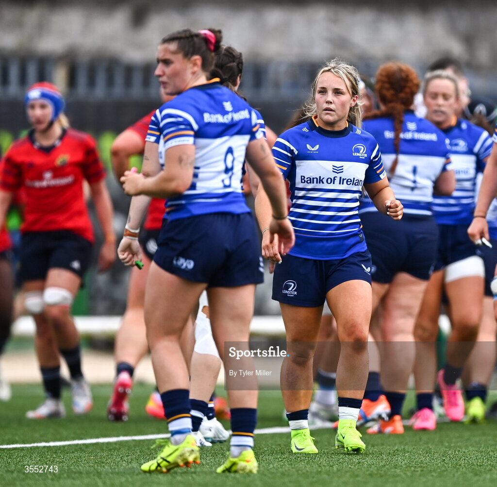 29 August 2026; Aoife Dalton of Leinster reacts after her side concede a first try during the Vodafone Womens Interprovincial Championship final match between Munster and Leinster at Dexcom Stadium in Galway. Photo by Tyler Miller/Sportsfile