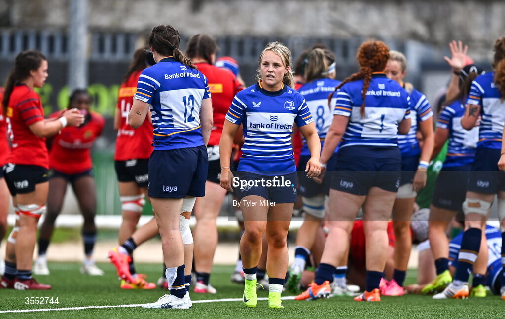 29 August 2026; Aoife Dalton of Leinster reacts after her side concede a first try during the Vodafone Womens Interprovincial Championship final match between Munster and Leinster at Dexcom Stadium in Galway. Photo by Tyler Miller/Sportsfile