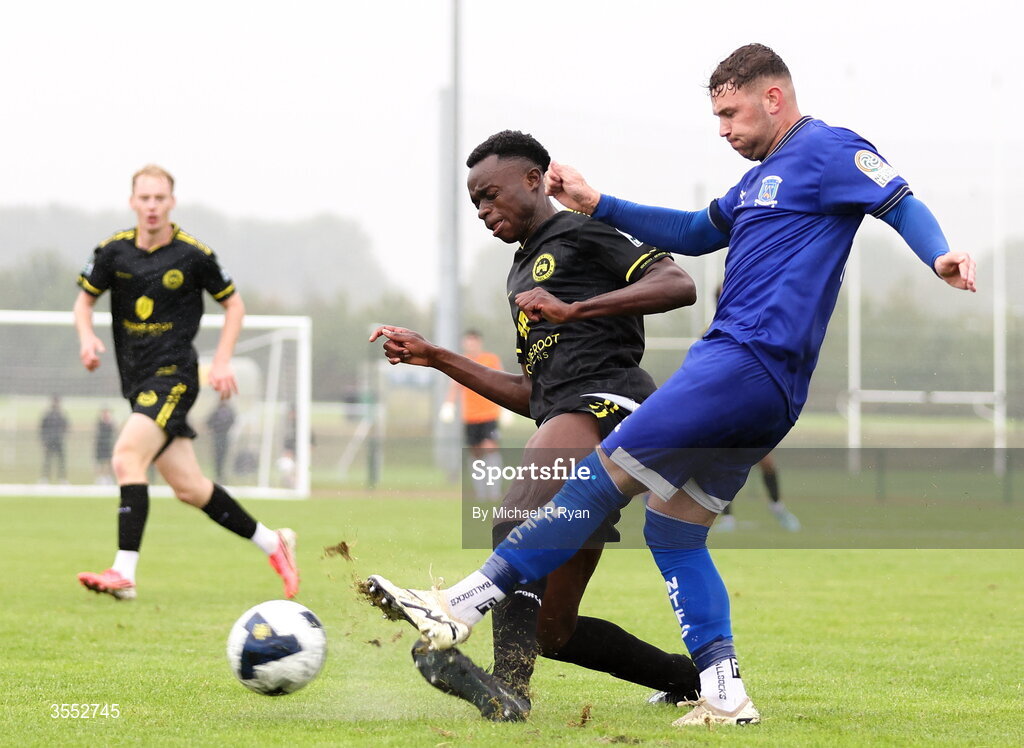 29 August 2026; Ethan Mills of Newbridge Town in action against Raveli Kilonda of CK United during the FAI National League Group 3 match between CK United and Newbridge Town at SETU Sports Complex in Carlow. Photo by Michael P Ryan/Sportsfile
