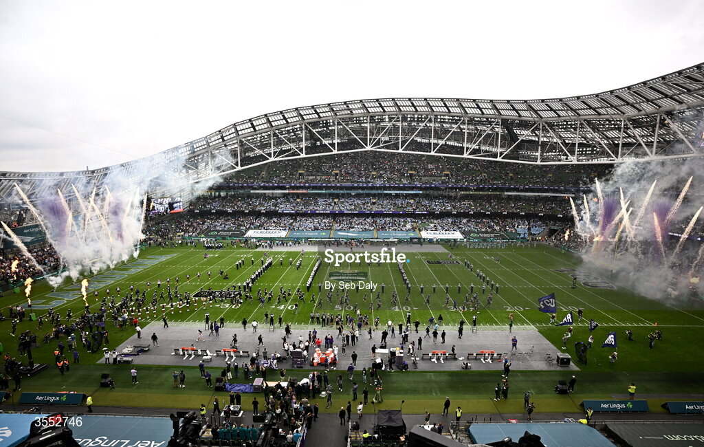29 August 2026; A general view of pre match pyrotechnics before the 2026 Aer Lingus College Football Classic match between TCU and North Carolina at the Aviva Stadium in Dublin. Photo by Seb Daly/Sportsfile