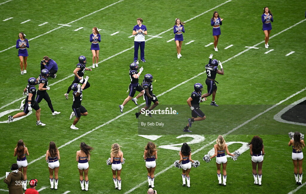 29 August 2026; TCU players run out before the 2026 Aer Lingus College Football Classic match between TCU and North Carolina at the Aviva Stadium in Dublin. Photo by Seb Daly/Sportsfile