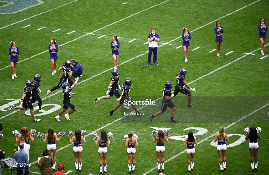 29 August 2026; TCU players run out before the 2026 Aer Lingus College Football Classic match between TCU and North Carolina at the Aviva Stadium in Dublin. Photo by Seb Daly/Sportsfile