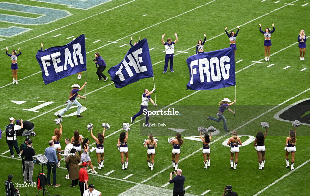 29 August 2026; TCU flagbearers run out before the 2026 Aer Lingus College Football Classic match between TCU and North Carolina at the Aviva Stadium in Dublin. Photo by Seb Daly/Sportsfile