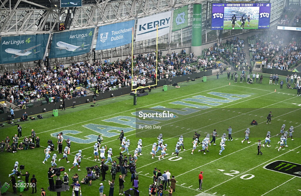 29 August 2026; North Carolina run out before the 2026 Aer Lingus College Football Classic match between TCU and North Carolina at the Aviva Stadium in Dublin. Photo by Seb Daly/Sportsfile