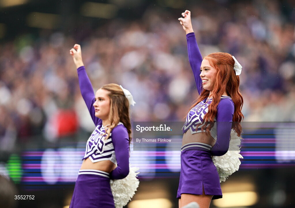 29 August 2026; TCU Cheerleaders perform before the 2026 Aer Lingus College Football Classic match between TCU and North Carolina at the Aviva Stadium in Dublin. Photo by Thomas Flinkow/Sportsfile