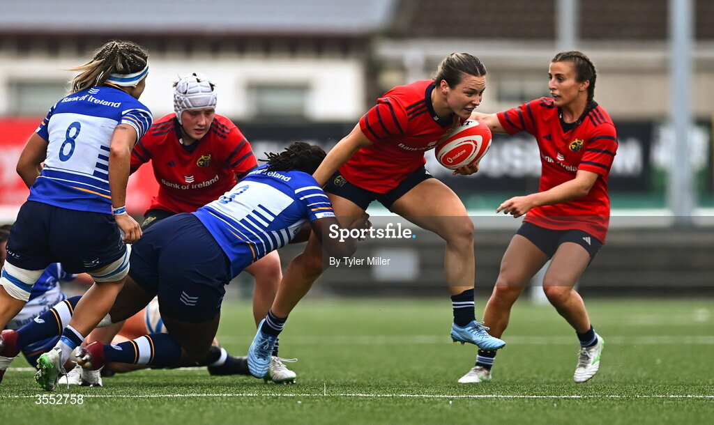 29 August 2026; Alana McInerney of Munster is tackled by Linda Djougang of Leinster during the Vodafone Womens Interprovincial Championship final match between Munster and Leinster at Dexcom Stadium in Galway. Photo by Tyler Miller/Sportsfile