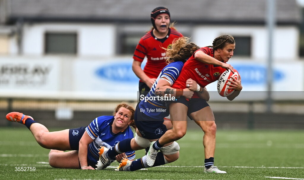 29 August 2026; Emily Lane of Munster is tackled by Ruth Campbell of Leinster during the Vodafone Womens Interprovincial Championship final match between Munster and Leinster at Dexcom Stadium in Galway. Photo by Tyler Miller/Sportsfile