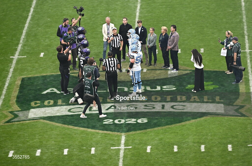 29 August 2026; Referee Mike Roche performs the coin toss before the 2026 Aer Lingus College Football Classic match between TCU and North Carolina at the Aviva Stadium in Dublin. Photo by Seb Daly/Sportsfile