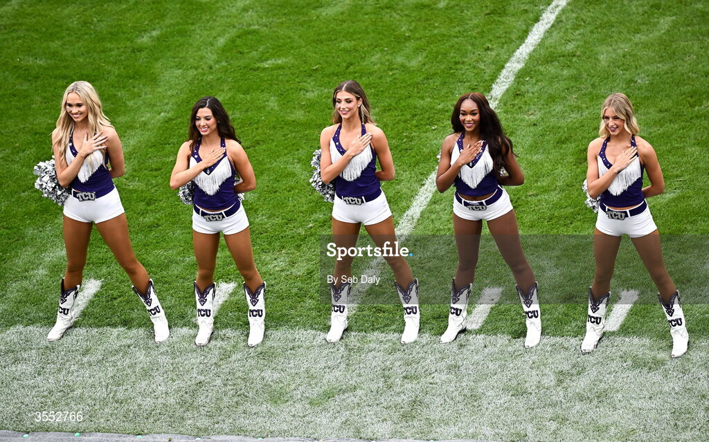 29 August 2026; Cheerleaders before the 2026 Aer Lingus College Football Classic match between TCU and North Carolina at the Aviva Stadium in Dublin. Photo by Seb Daly/Sportsfile