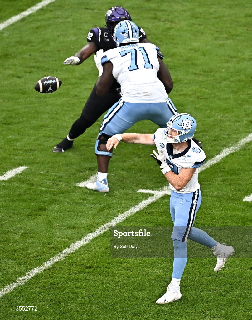 29 August 2026; North Carolina quarterback Billy Edwards Jr #9 during the 2026 Aer Lingus College Football Classic match between TCU and North Carolina at the Aviva Stadium in Dublin. Photo by Seb Daly/Sportsfile