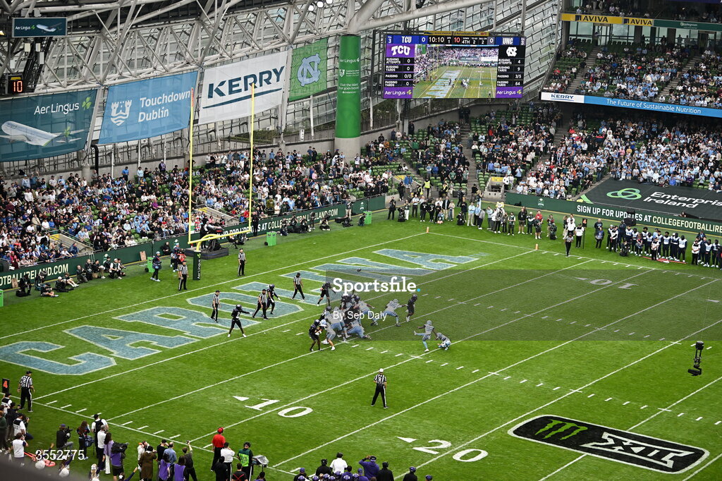 29 August 2026; A general view as North Carolina kicker Aeron Burrell #92 kicks a field goal during the 2026 Aer Lingus College Football Classic match between TCU and North Carolina at the Aviva Stadium in Dublin. Photo by Seb Daly/Sportsfile