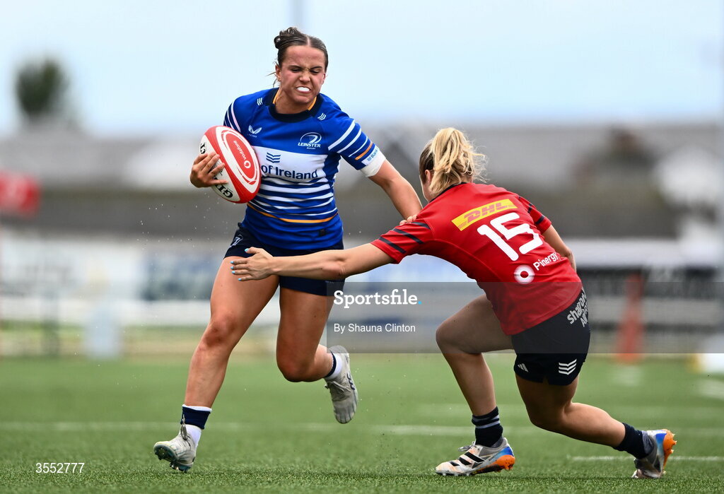 29 August 2026; Robyn O'Connor of Leinster evades the tackle of Lucia Linn of Munster during the Vodafone Womens Interprovincial Championship final match between Munster and Leinster at Dexcom Stadium in Galway. Photo by Shauna Clinton/Sportsfile