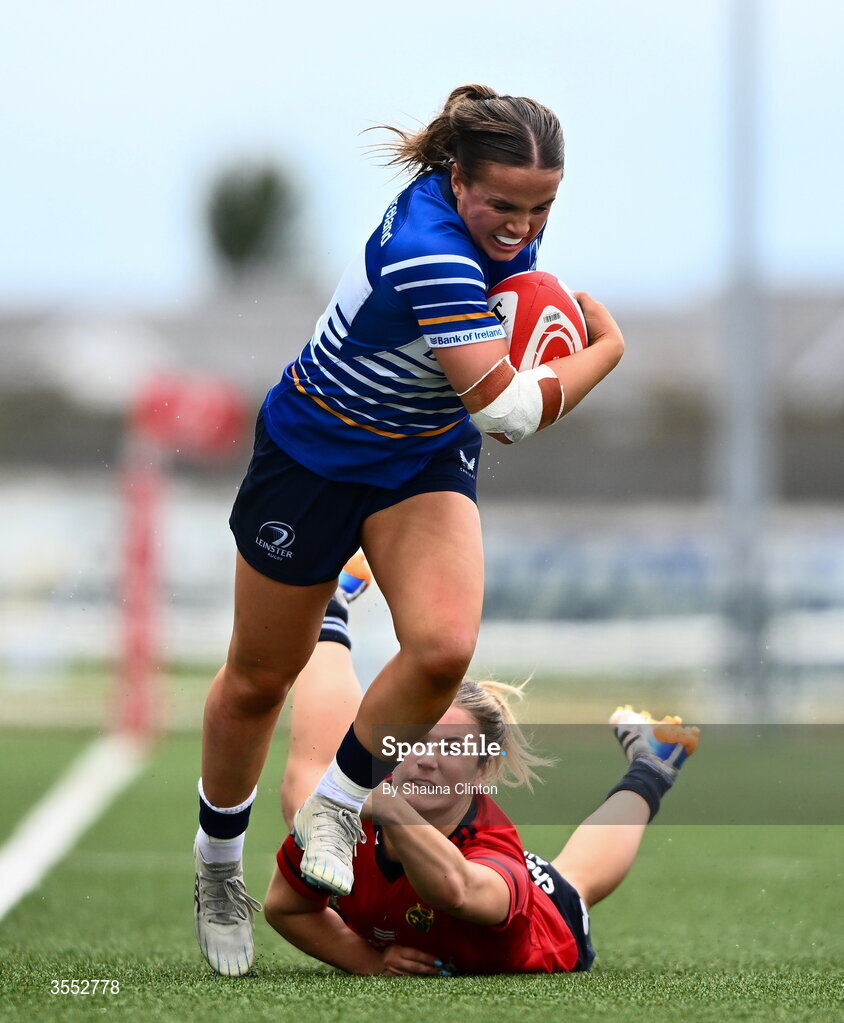 29 August 2026; Robyn O'Connor of Leinster evades the tackle of Lucia Linn of Munster during the Vodafone Womens Interprovincial Championship final match between Munster and Leinster at Dexcom Stadium in Galway. Photo by Shauna Clinton/Sportsfile