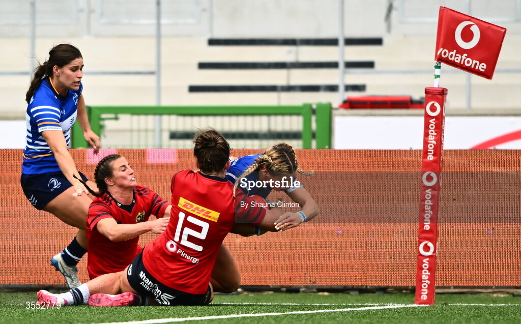 29 August 2026; Kathy Baker of Leinster scores her side's first try during the Vodafone Womens Interprovincial Championship final match between Munster and Leinster at Dexcom Stadium in Galway. Photo by Shauna Clinton/Sportsfile