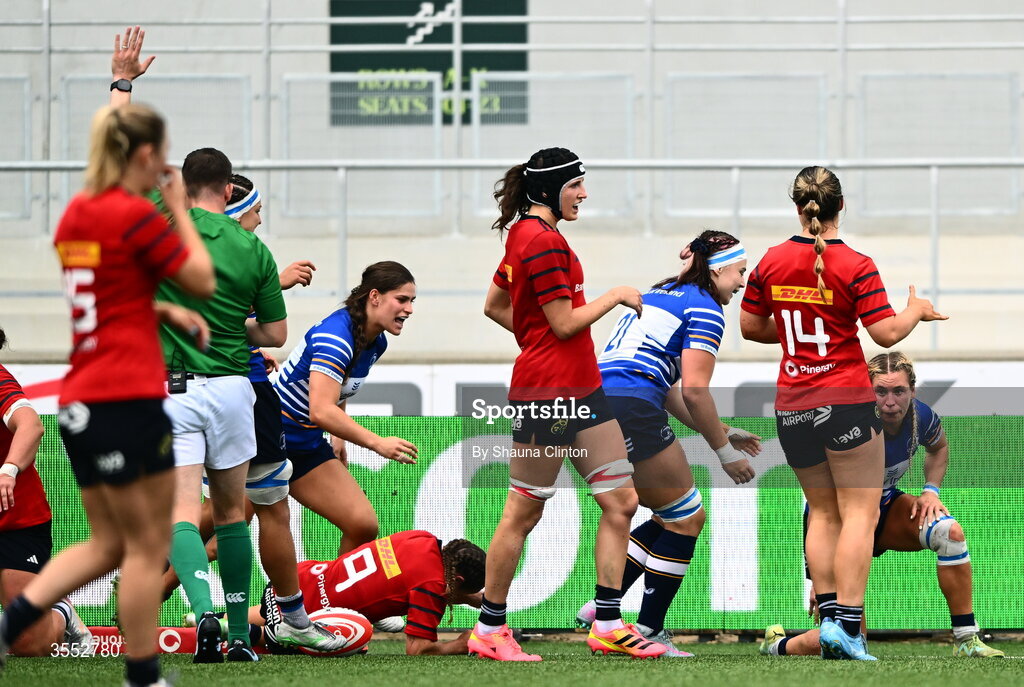 29 August 2026; Kathy Baker of Leinster scores her side's first try during the Vodafone Womens Interprovincial Championship final match between Munster and Leinster at Dexcom Stadium in Galway. Photo by Shauna Clinton/Sportsfile