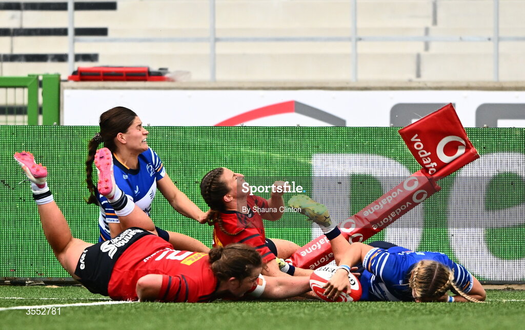 29 August 2026; Kathy Baker of Leinster scores her side's first try during the Vodafone Womens Interprovincial Championship final match between Munster and Leinster at Dexcom Stadium in Galway. Photo by Shauna Clinton/Sportsfile