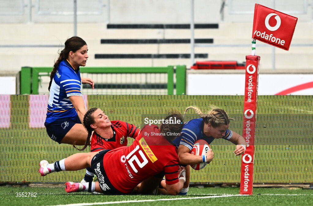 29 August 2026; Kathy Baker of Leinster scores her side's first try during the Vodafone Womens Interprovincial Championship final match between Munster and Leinster at Dexcom Stadium in Galway. Photo by Shauna Clinton/Sportsfile