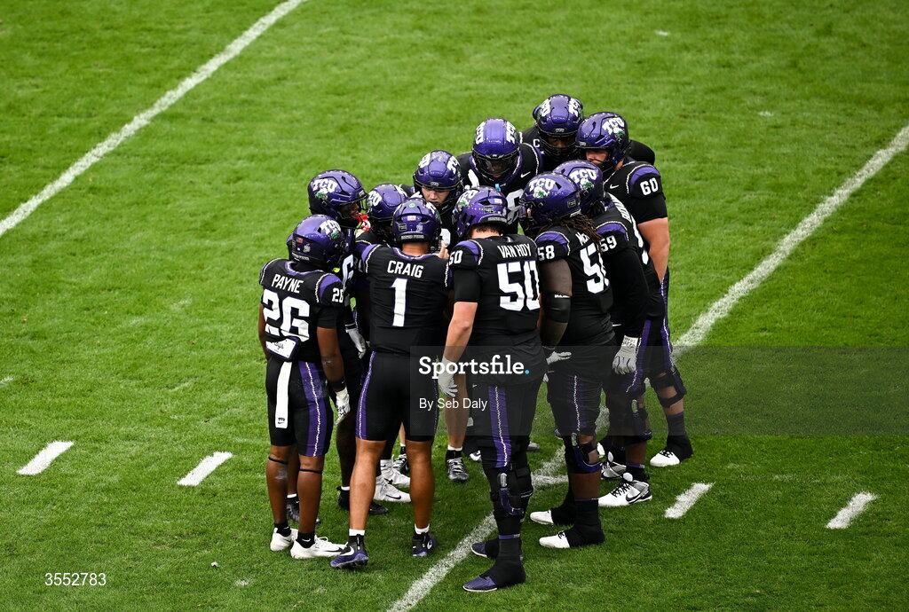29 August 2026; TCU players huddle during the 2026 Aer Lingus College Football Classic match between TCU and North Carolina at the Aviva Stadium in Dublin. Photo by Seb Daly/Sportsfile