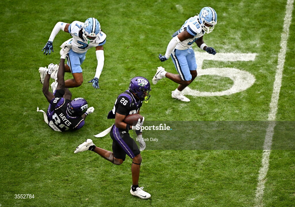 29 August 2026; TCU running back Jeremy Payne #26 runs with the ball during the 2026 Aer Lingus College Football Classic match between TCU and North Carolina at the Aviva Stadium in Dublin. Photo by Seb Daly/Sportsfile