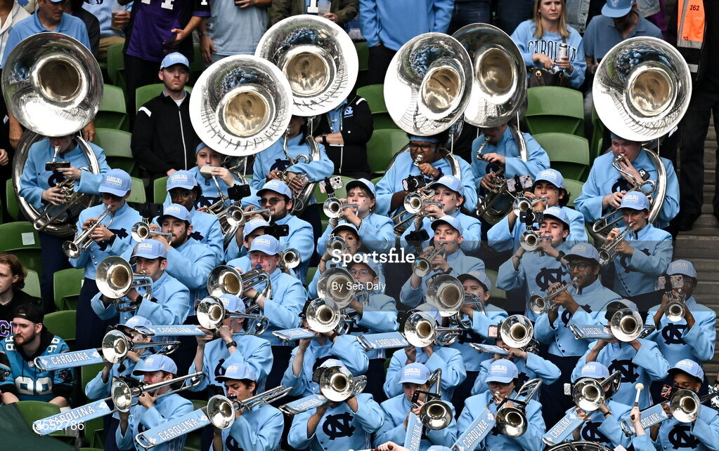 29 August 2026; The North Carolina band performs during the 2026 Aer Lingus College Football Classic match between TCU and North Carolina at the Aviva Stadium in Dublin. Photo by Seb Daly/Sportsfile
