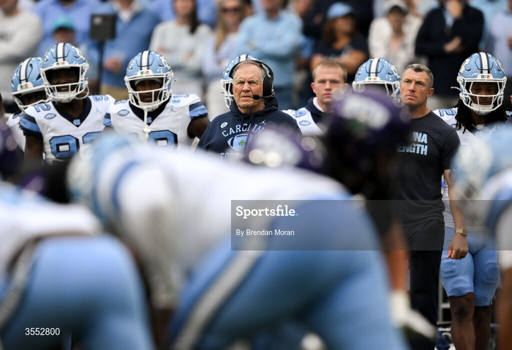 29 August 2026; North Carolina Head Coach Bill Belichick looks on during the 2026 Aer Lingus College Football Classic match between TCU and North Carolina at the Aviva Stadium in Dublin. Photo by Brendan Moran/Sportsfile