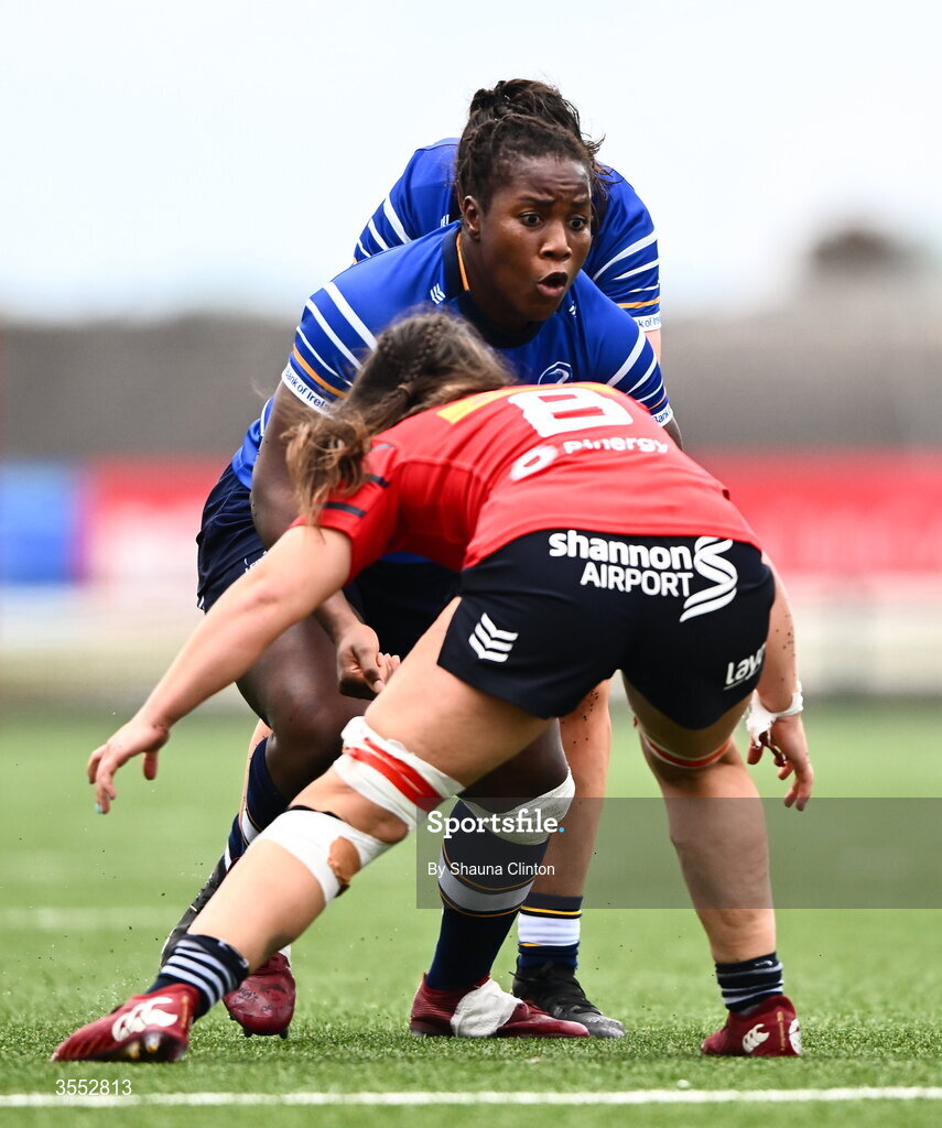29 August 2026; Linda Djougang of Leinster in action against Maeve Óg O’Leary of Munster during the Vodafone Womens Interprovincial Championship final match between Munster and Leinster at Dexcom Stadium in Galway. Photo by Shauna Clinton/Sportsfile