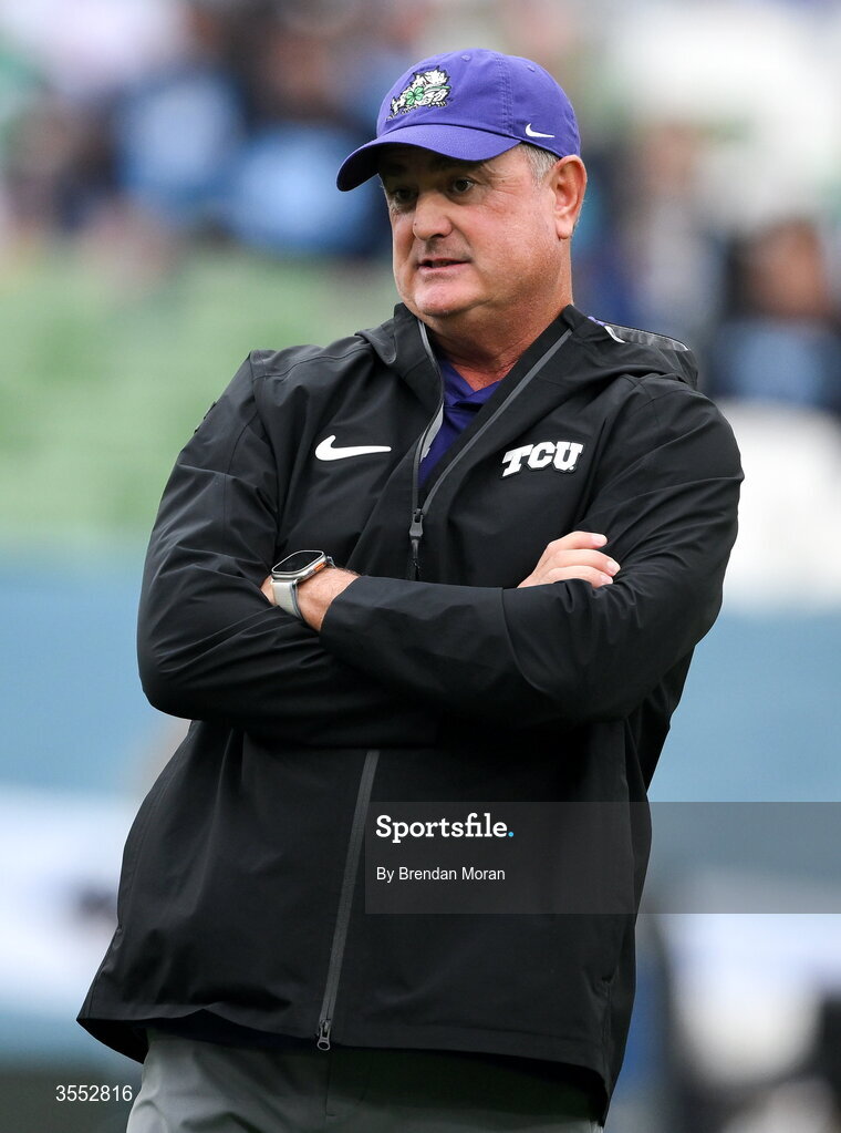 29 August 2026; TCU head coach Sonny Dykes before the 2026 Aer Lingus College Football Classic match between TCU and North Carolina at the Aviva Stadium in Dublin. Photo by Brendan Moran/Sportsfile
