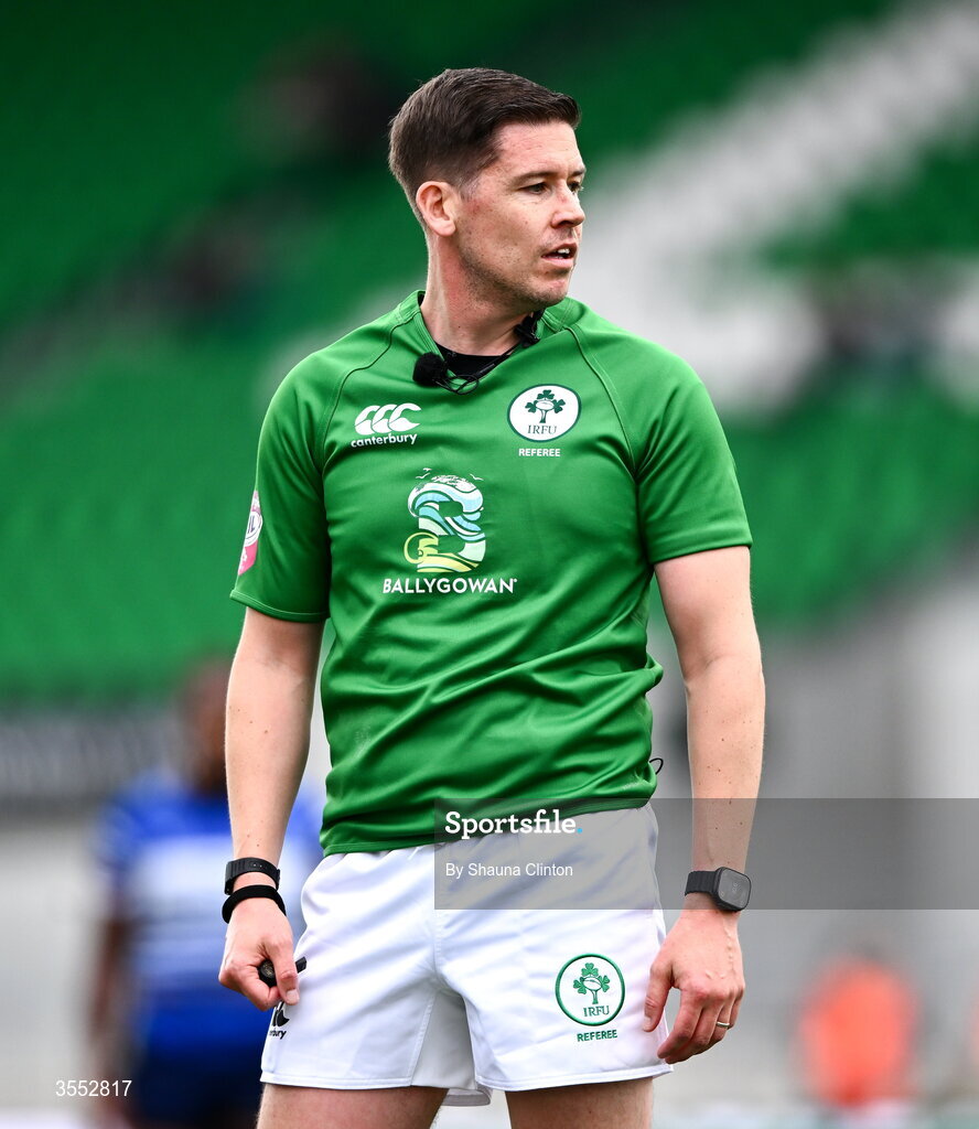 29 August 2026; Referee Andrew Fogarty during the Vodafone Womens Interprovincial Championship final match between Munster and Leinster at Dexcom Stadium in Galway. Photo by Shauna Clinton/Sportsfile