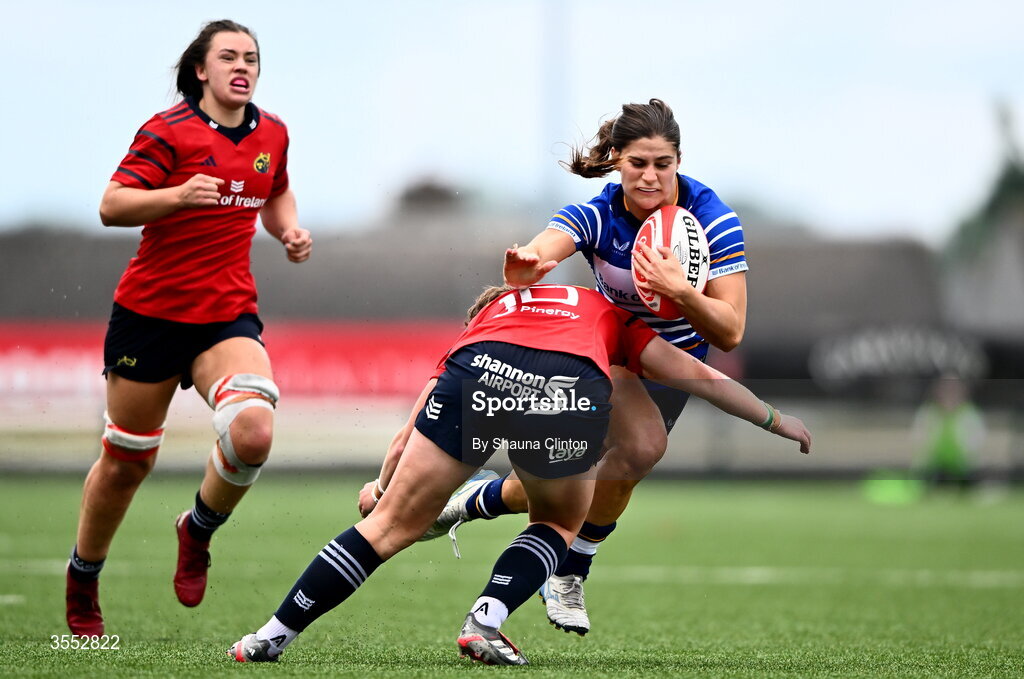 29 August 2026; Vicky Elmes Kinlan of Leinster in action against Enya Breen of Munster during the Vodafone Womens Interprovincial Championship final match between Munster and Leinster at Dexcom Stadium in Galway. Photo by Shauna Clinton/Sportsfile