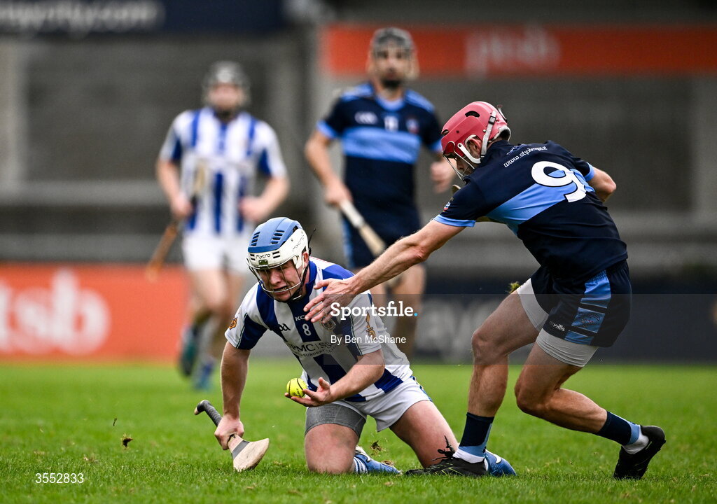29 August 2026; Eoin Behan of Ballyboden St Enda's is tackled by Joe McManus of St Jude's during the PTSB Dublin Senior Club Hurling Championships Round 4 match between Ballyboden St Enda's and St Jude's at Parnell Park in Dublin. Photo by Ben McShane/Sportsfile
