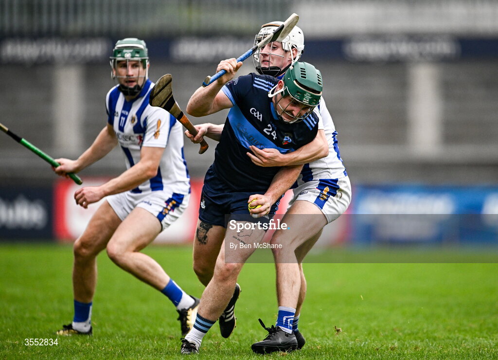 29 August 2026; Mark Maguire of St Jude's is tackled by Fiachra Codd of Ballyboden St Enda's during the PTSB Dublin Senior Club Hurling Championships Round 4 match between Ballyboden St Enda's and St Jude's at Parnell Park in Dublin. Photo by Ben McShane/Sportsfile